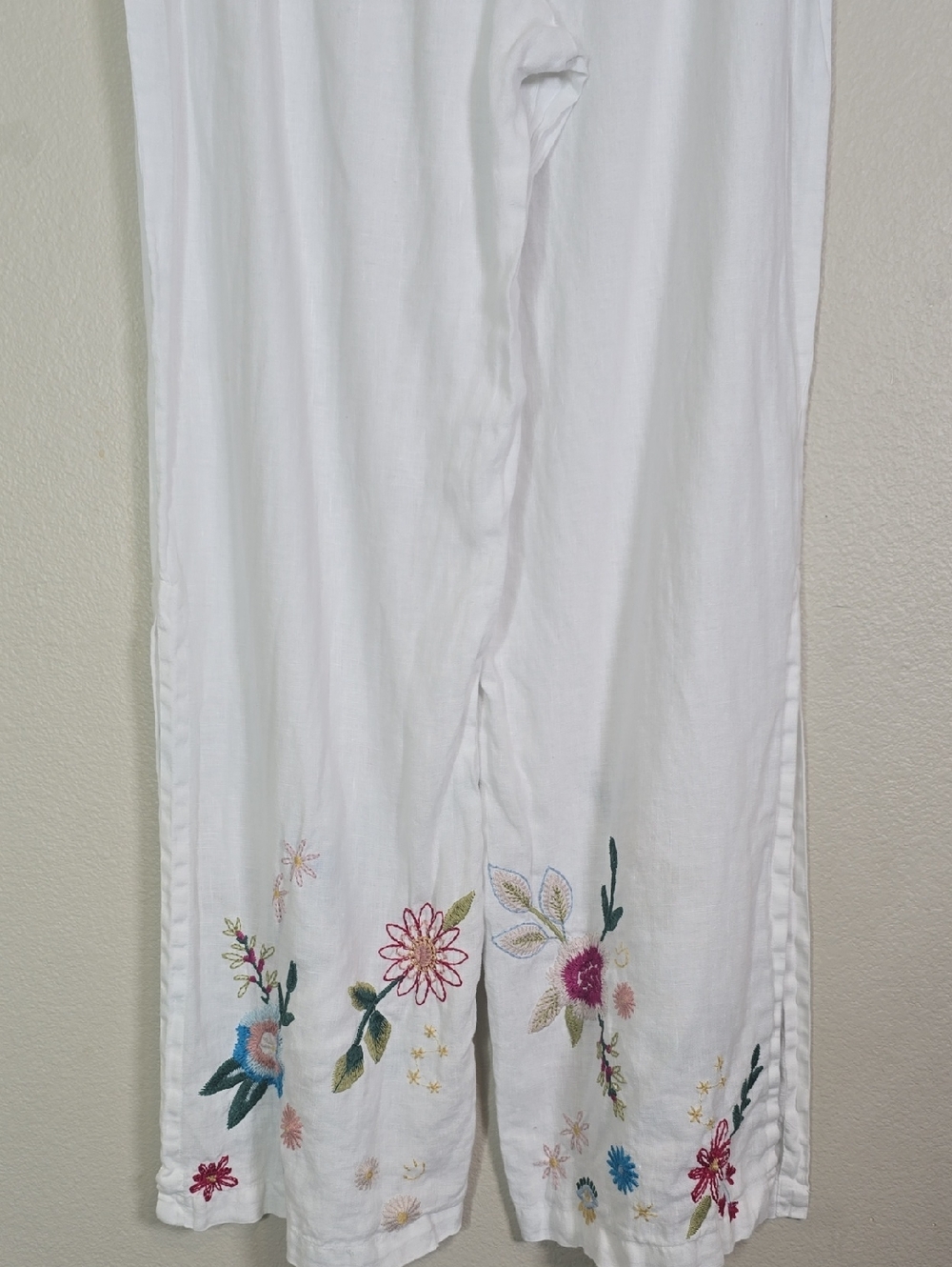 Jhonny Was Martini High Slit White Wide-Leg Linen Embroidered Floral Palazo M. - Picture 10 of 11